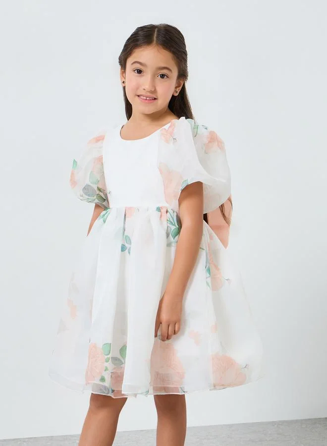 تايك تو فستان برتقالي بطبعة زهور وأكمام منفوخة